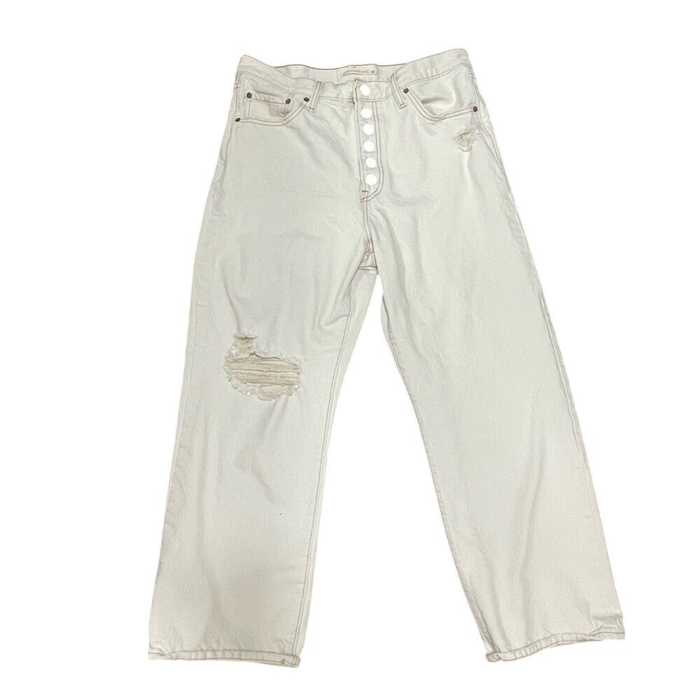 Levis Ribcage Straight‎ Ankle Jeans 32 Off White Distressed High Rise Button Fly